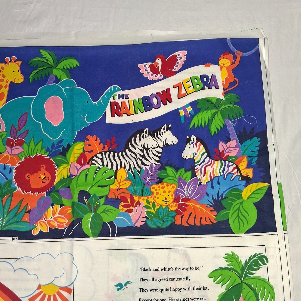 Vintage Cranston Print Works The Rainbow Zebra DIY Soft Book Fabric Panel Cotton